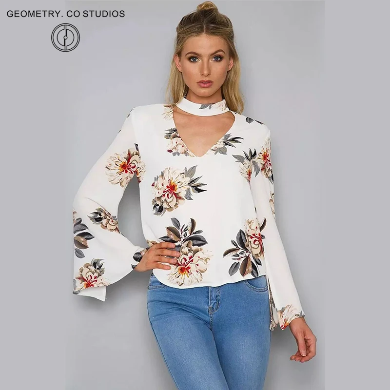 Cabestro cuello en v profundo blanco estampado de flores blusa camisa