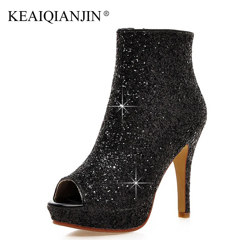 

KEAIQIANJIN Woman Ultra High Heels Ankle Boots Winter Golden Weddin Boots Plus Size 32 - 43 Bling White Silver Peep Toe Shoes