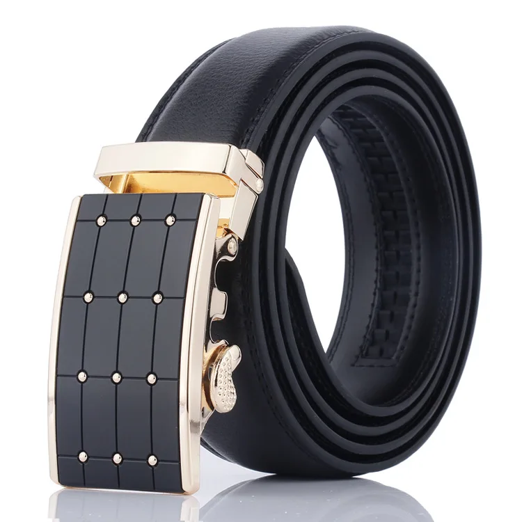 Fashion Automatic Buckle Belts Men Cowskin Leather Embossed Business Black Belts Man Casual