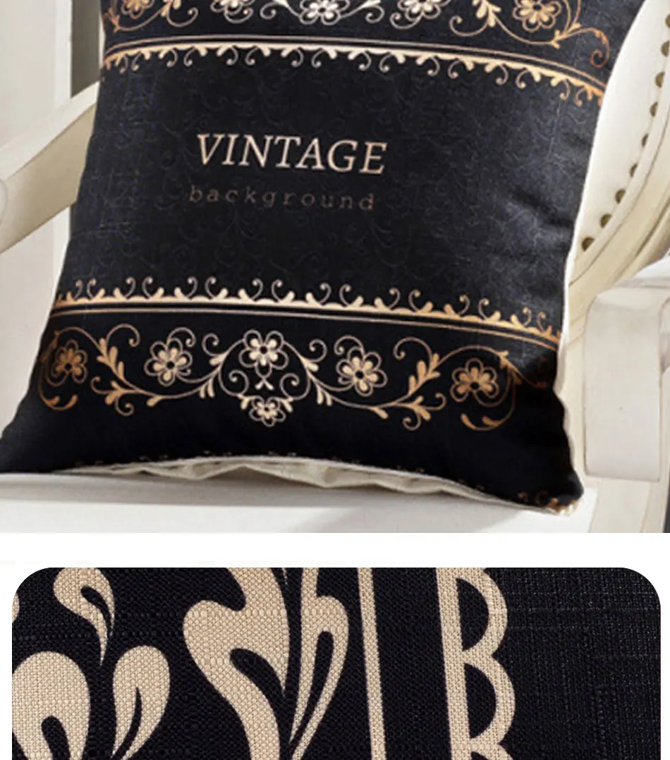 Retro Vintage Cushion Cover Case Geometric Flower Printed Black Gold Pillows Cases Sofa Bedroom Home Decorative Throw Pillowcase (3)
