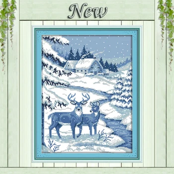 

Two snow deer winter lovely animal paintings counted print on canvas DMC 11CT 14CT Cross Stitch kits needlework Sets embroidery
