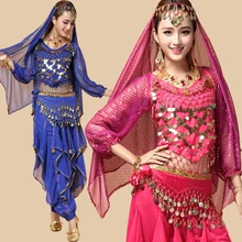 2016 New Women Belly Dance Costumes Suit 4PCS (Gold Wavy Pants& Bell Pepper Top&Belt+Veil) Long Sleeve Bollywood Indian Dress