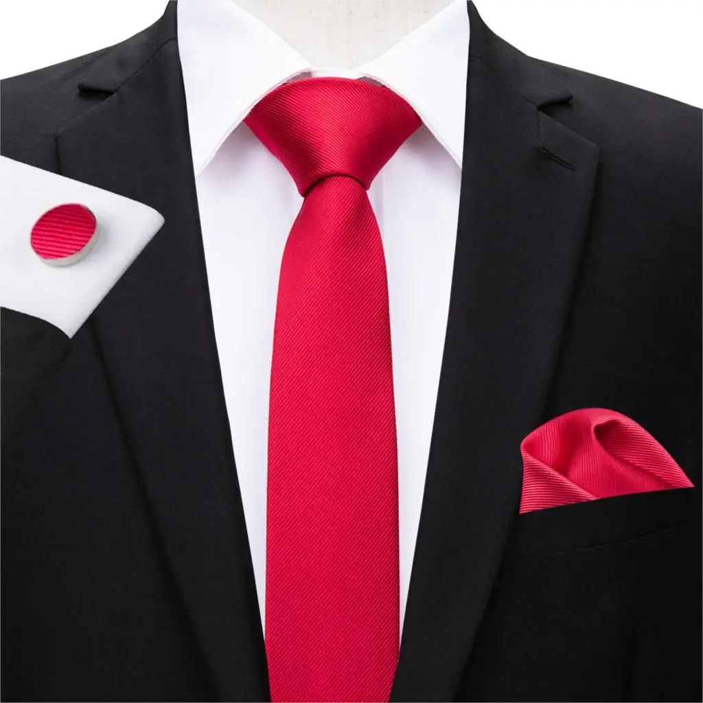 Галстук-бабочка, красный галстук, однотонный Шелковый Тонкий галстук, роскошный Повседневный стиль, галстук-бабочка Hanky, набор запонок