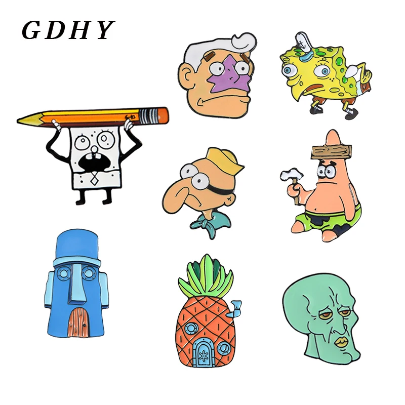 

GDHY Cartoon SpongeBob Series Brooches Animation Pineapple Hut Octopus Sea Stars Barnacle Boy Enamel Pins Button Badge For Kids