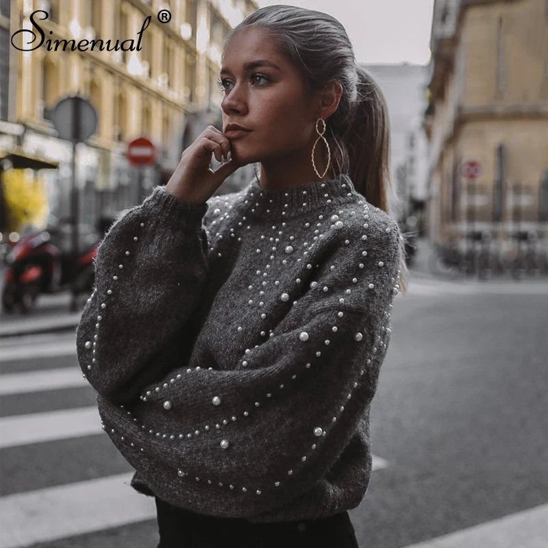 Simenual Autumn winter 2018 women sweaters and pullovers bead lantern sleeve knitted sweater pullover female grey slim jumpers Simenual Autumn winter 2018 women sweaters and pullovers bead lantern sleeve knitted sweater pullover female grey slim jumpers