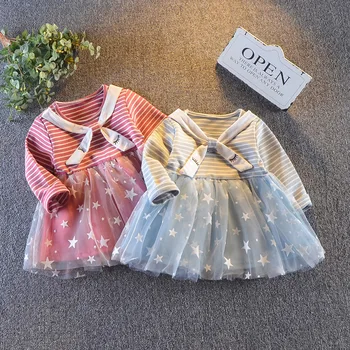 

New Arrival Autumn Baby Girl Ball Gown Cute Striped Long Sleeve Patchwork Dress Toddler Lovely Mesh Dresses Kids Dress for Girl