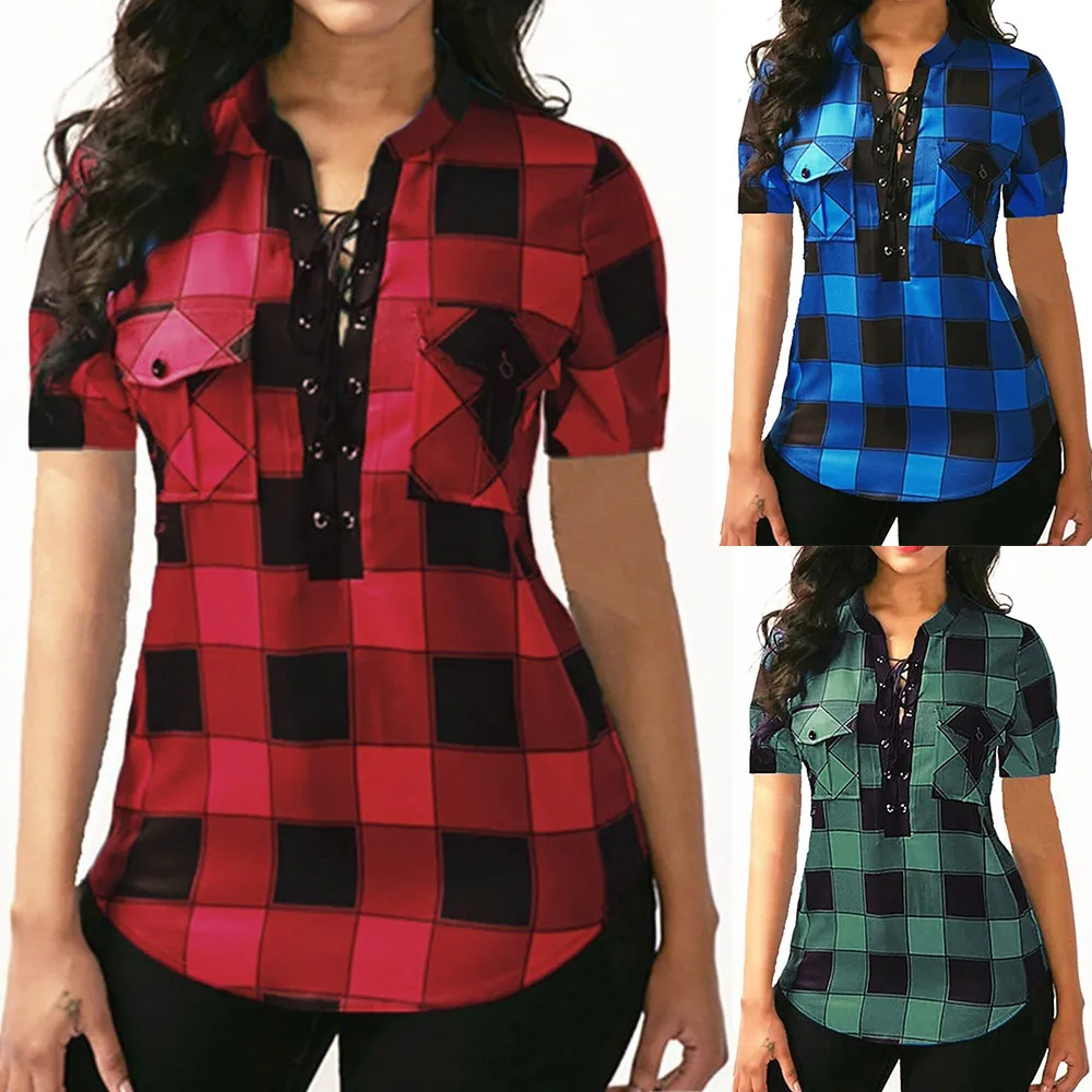 

Spring Autumn Women girl plus size V-Neck Lattice Bandage Short Sleeve Blouse Pullover Tops for work 11025101002