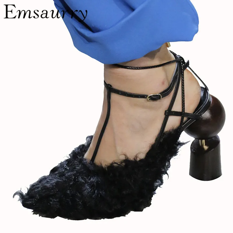 

Unique Spherical Screw Building Blocks Heel Sandalias Mujer Ankle Wrap Wool Individual Cut Out Catwalk Sandals Women