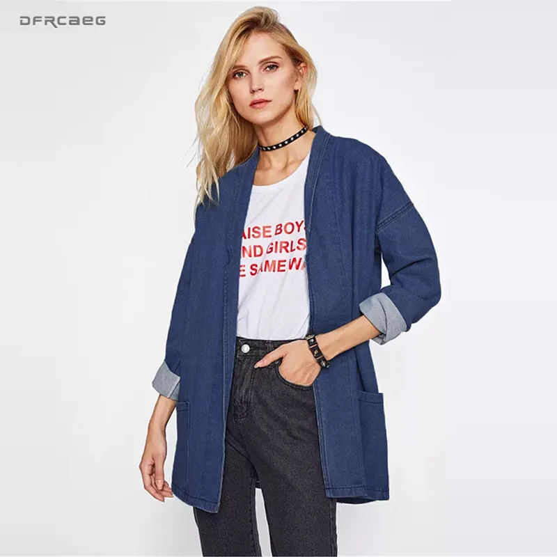 

Blue Women Cardigan Denim Jackets 2018 Autumn Fashion Streetwear Mid-Long Kimono Jeans Coat Outwear Casual Long Sleeve Loose Top