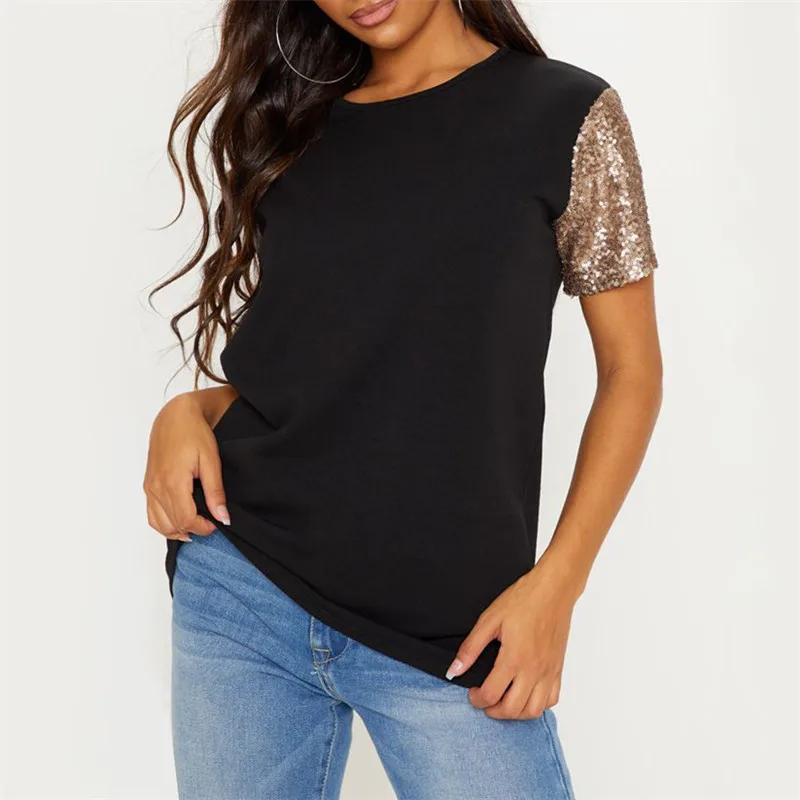 

Ladies Casual Loose Round Neck Short Sleeve T Shirt Tops Summer Women Basic Style Sequined Patchwork T-Shirt Tee