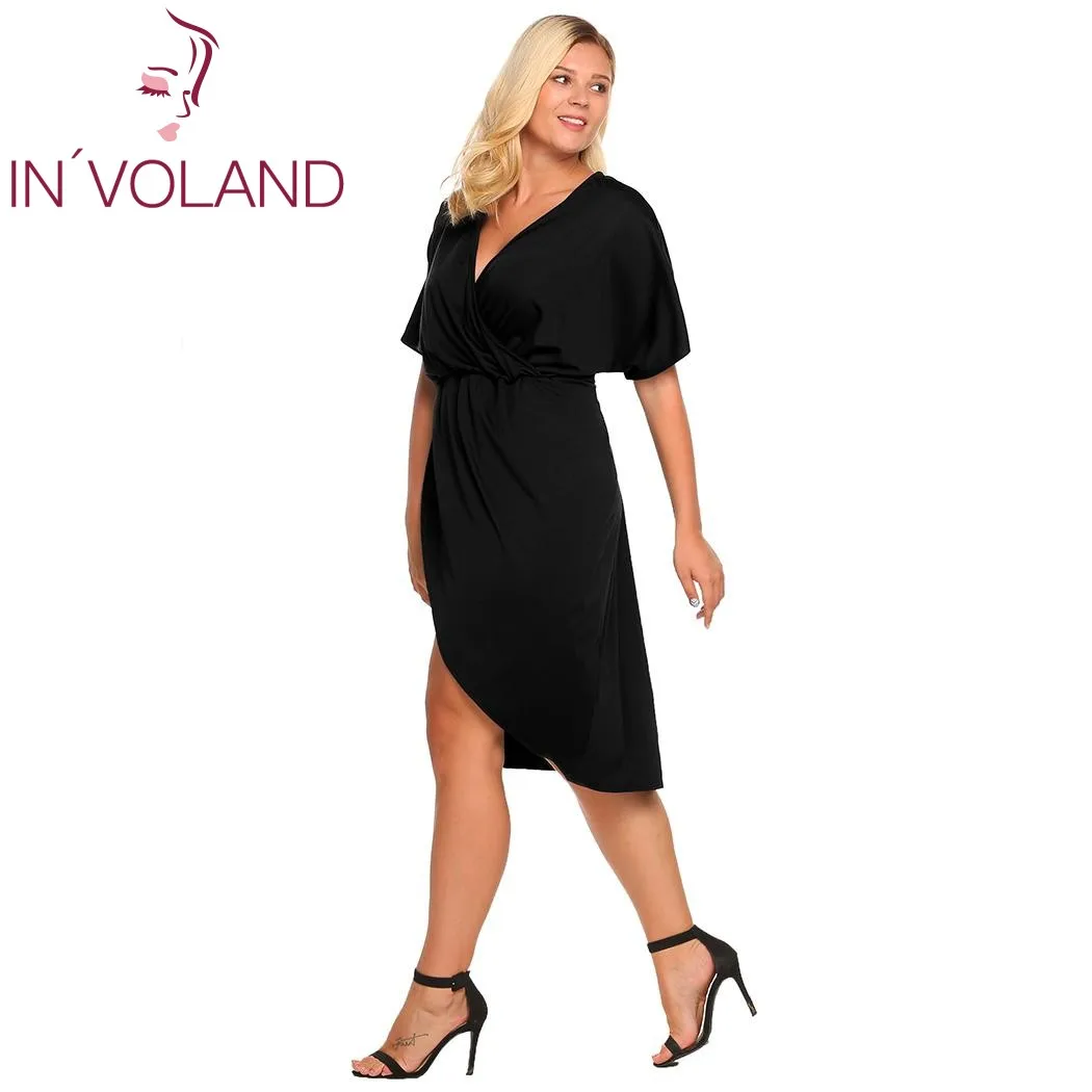 IN'VOLAND, винтажное женское платье, плюс размер, XL-5XL, элегантное, рукав "летучая мышь", одноцветное, с разрезом спереди, тонкие, вечерние, с искусственным запахом, платья, больше размера d