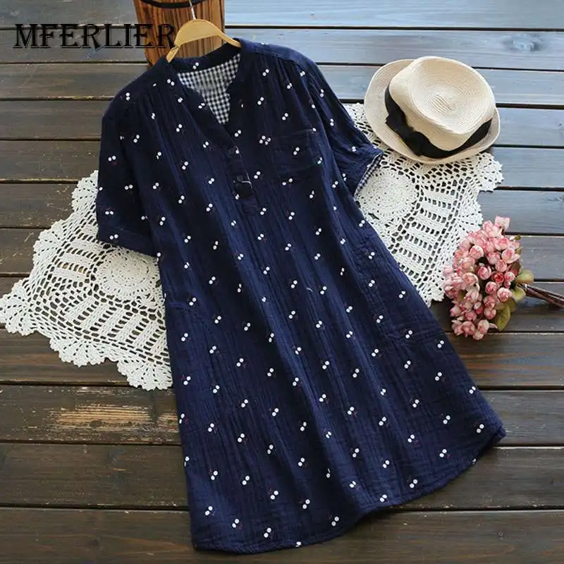 

Mferlier Mori Girl Summer Floral Print Cotton Blouse Elegant V Neck Short Sleeve Blue Pink White Long Shirts