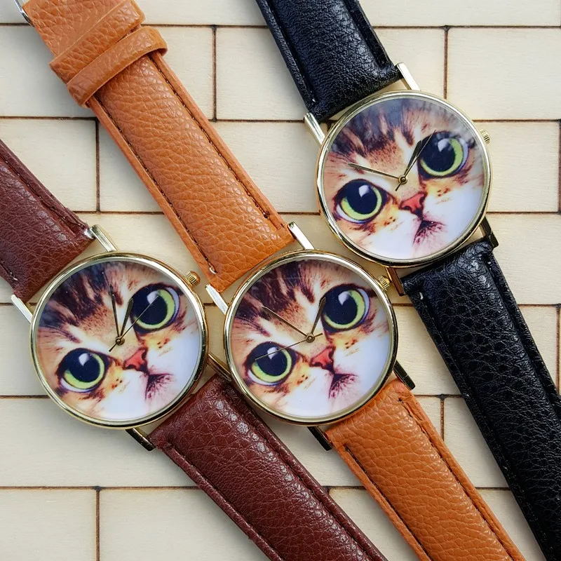 Женские часы для девочек, новинка, милый, с большими глазами, часы с котом, женские и детские часы с рисунком кота