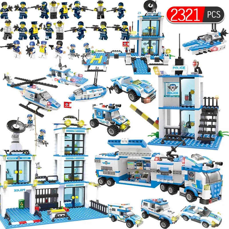 City Mobile Police Unit Building Blocks Legoed City Police Station Trucks Helicopter Prison Figures Enlighten Bricks Kids Toys