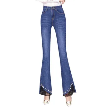 

2019 Spring jeans woman Fashion high waist jeans slim irregular lace Beading Denim Flare pants Casual female trousers w472