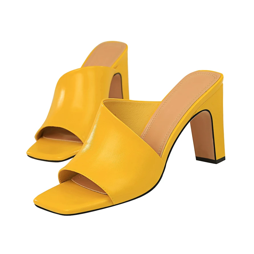 

2020 Women Mules Yellow Slides Female Thick Block Heels Silver Slippers Sexy Summer 8.5cm High Heels Luxury Peep Toe Black Shoes