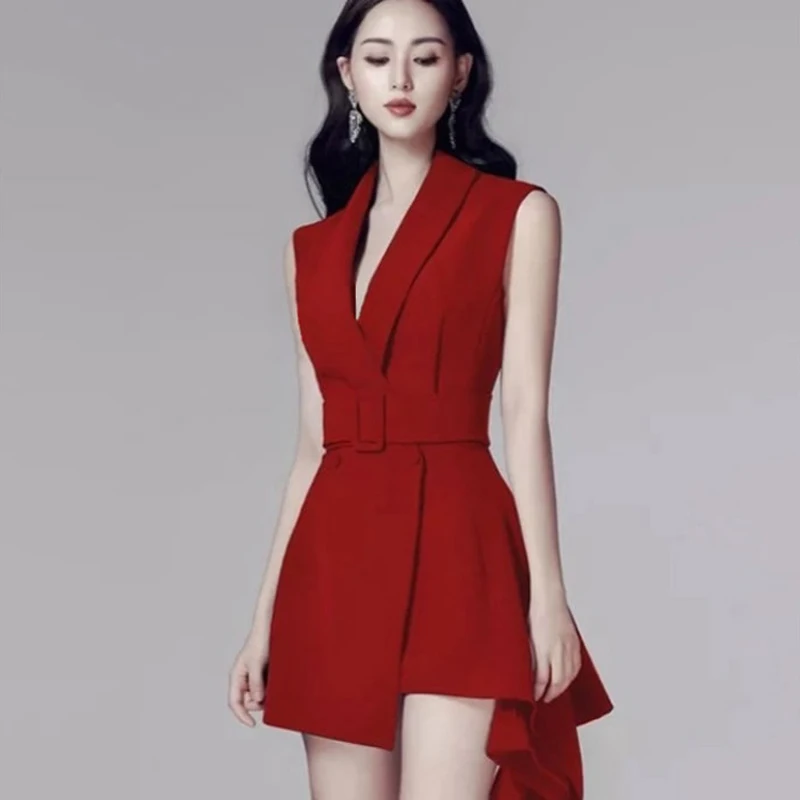 

Women Double Breasted Ruffles Draped Irregular Blazer Dress Office Lady Notched Collar Sleeveless Sashes Above Knee Mini Dress