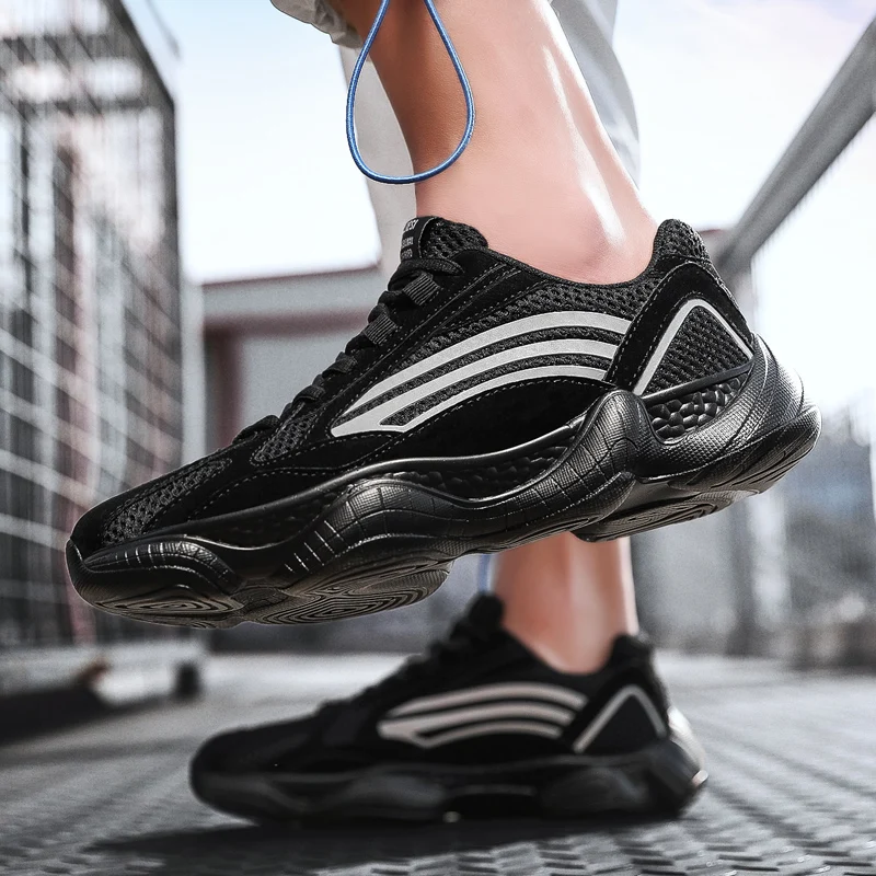 Outdoor Sport Casual Chunky Sneakers For Men Summer Mesh Breathable Men Shoes Lace Up Sneakers PU Outsole Black Shoes Man 2019