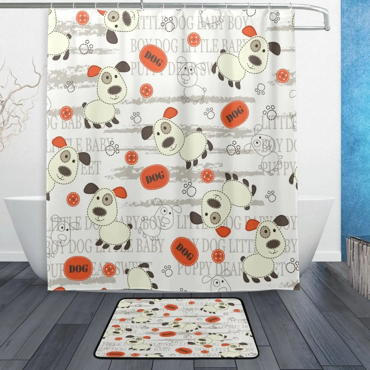 Lovely Puppy Dog Paw Waterproof Polyester Fabric Shower Curtain with