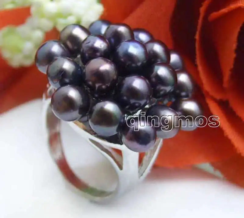 Qingmos мода, белый жемчуг кольцо для женщин с белым рисом натуральный жемчуг 25 мм цветок кольцо#8-9 хорошее ювелирное изделие подарок Rin26 - Цвет основного камня: Black