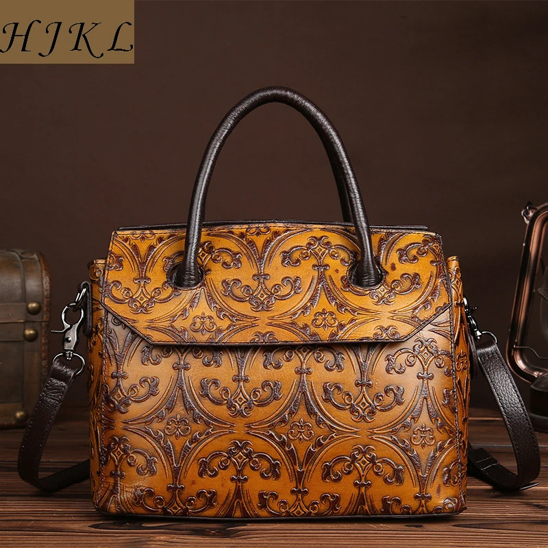 

Genuine Leather Women Vintage Shoulder Bags Cow Leather Satchels Embossing Casual Tote Bags Large Capacity Ladies Crossbody Bag
