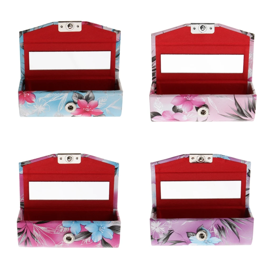 Leather Lipstick Case Holder With Mirror,Chinese Traditional Flower Design Makeup Jewelry Holder Box Lip Balm Carry Case Travel