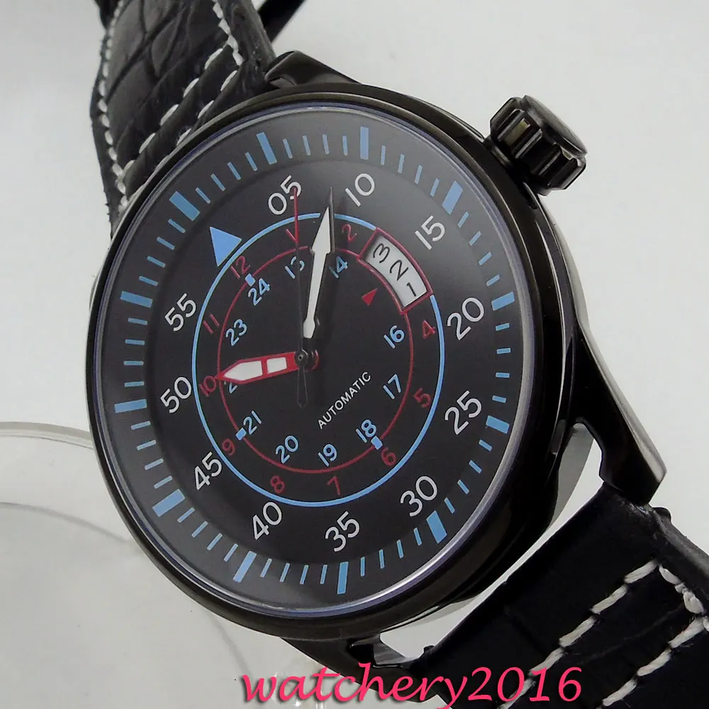 

43mm Planca black dial PVD case date adjust blue markers Automatic movement Men's Watch