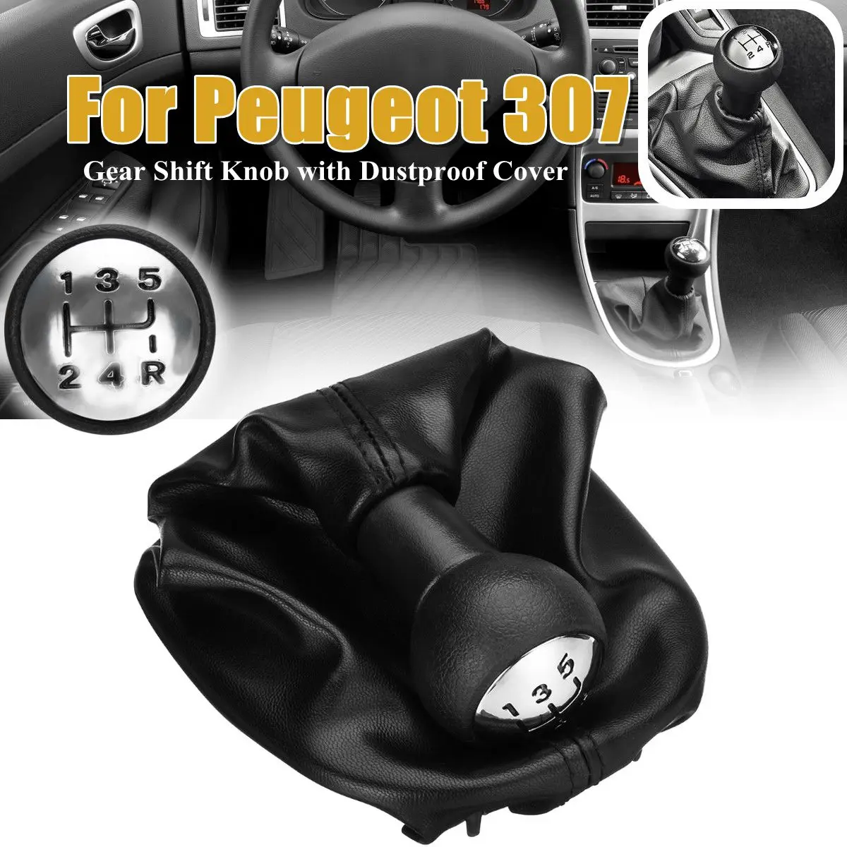 

Car 5 Speed PU Leather Gear Shift Knob Boot Gear Shift Collars For Peugeot 307 2004-2011
