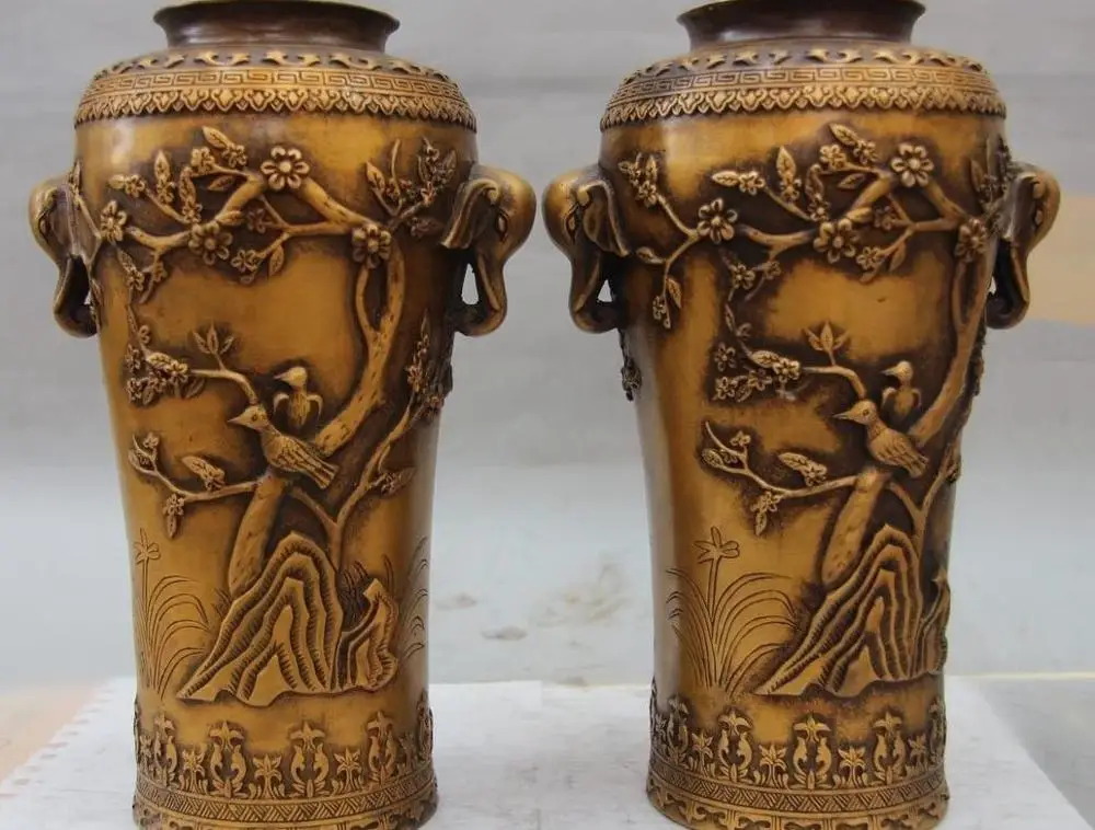 

10 China Bronze Copper Palace Lucky Magpie Bird Plum Flower Bottle Pot Vase Pair