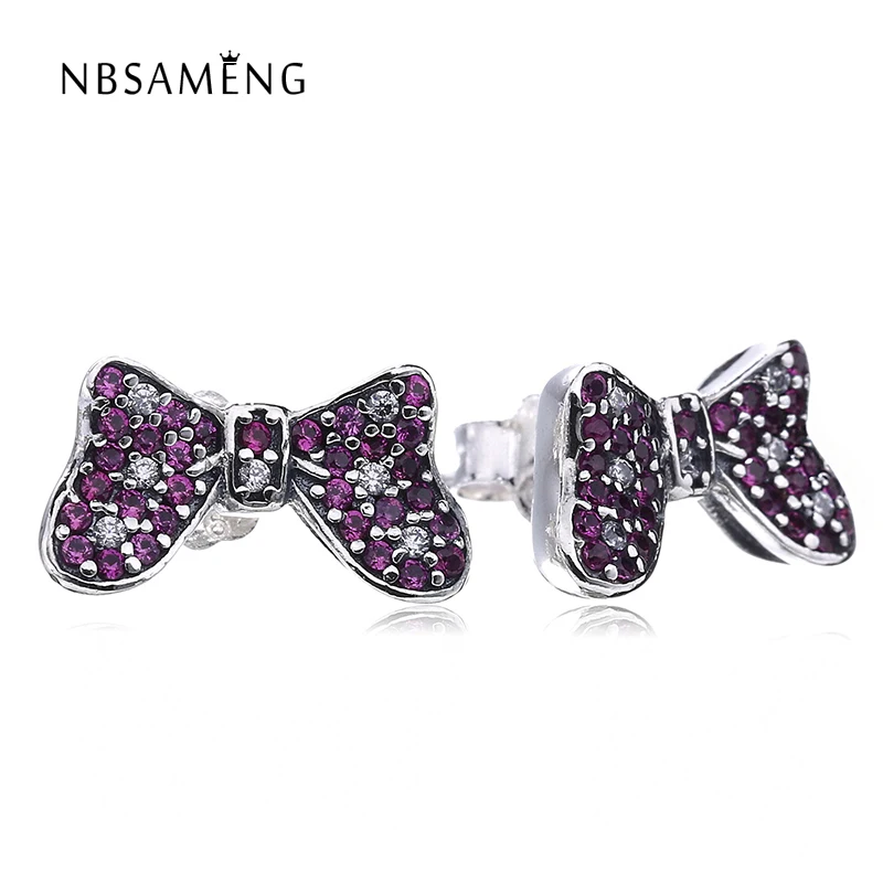 

2017 Authentic 925 Sterling Silver sparkling bowknot Earrings Pan Stud Earrings For Women Jewelry