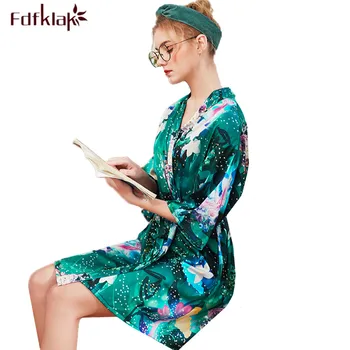 

Fdfklak New peignoir femme vintage print bridesmaid robes women silk satin sleepwear bathrobe short mini summer bath robe
