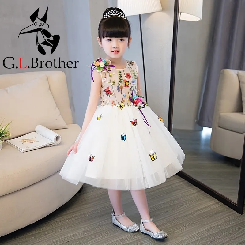 

Flower Girl Dresses Ball Gown Embroidery Appliques Girls Pageant Dress For Wedding Birthday Party Sleeveless Girl Dress B19