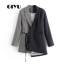 GIYU Autumn Women Patchwork Striped Blazer Long Sleeve Jackets Pockets Irregular Office Lady Casual Tie-up Bow camiseta mujer