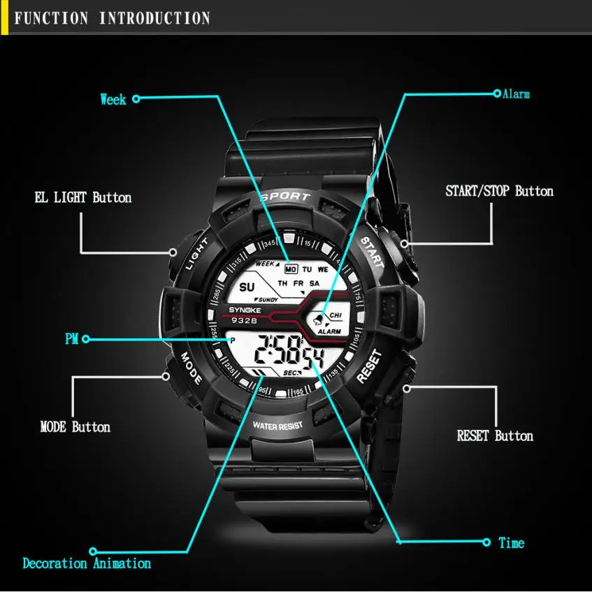 Bblack детские женские модные Кристаллы спортивные часы Многофункциональный студенческий Водонепроницаемый светодиодный цифровой наручные часы с отметкой даты H04195