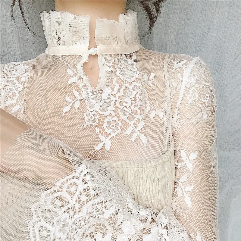 Gowyimmes SPring Sweety Girl Floral Lace Shirt Sexy Women Hollow Out Mesh Blouse Lady Long Sleeve Blusas Basic Tops Pullover 228 6