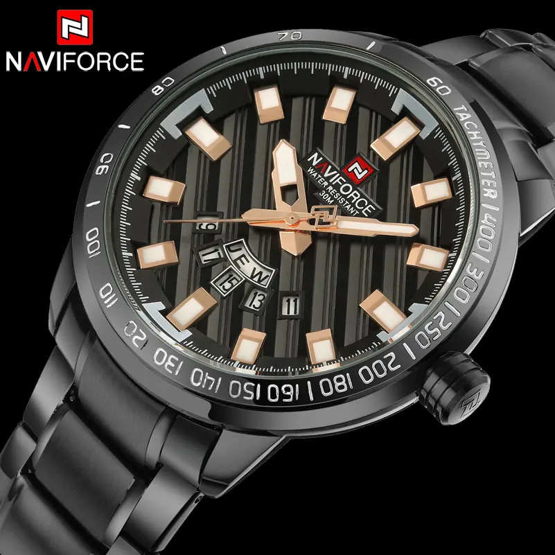 Acheter NAVIFORCE Marque de Montre À Quartz Hommes Sport Montres Hommes Noir Acier Inoxydable Calendrier 30 m Montre Bracelet Étanche Relogio Masculino