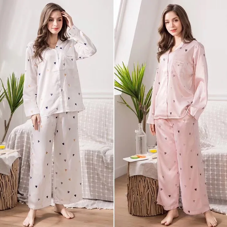 Japanese GP Women Silk Pajama Sets heart printing Satin Pyjamas Sleepwear Two Piece Set Female