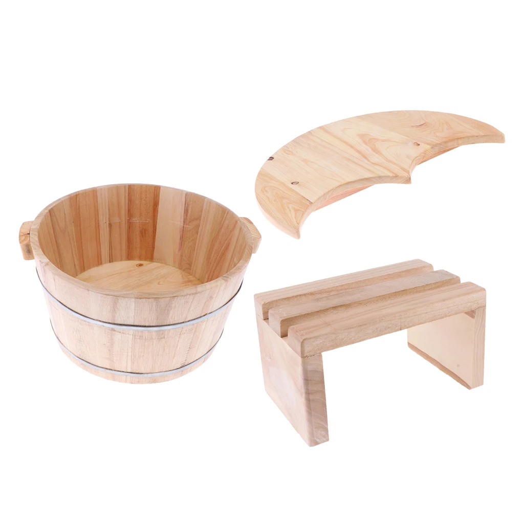 Wood Foot Basin Tub Foot Soaking Bucket with Lid & Stool for Foot Bath Spa