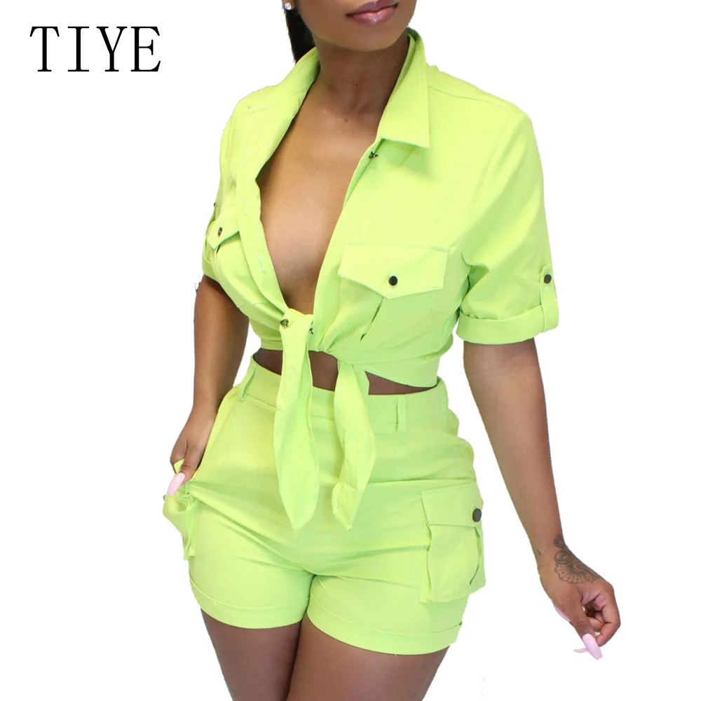 

TIYE Two Pieces Sets Short Sleeve Turn-down Neck Lace Up Top and Bodycon Pants Summer Casual Denim Shorts Suit Women Overalls