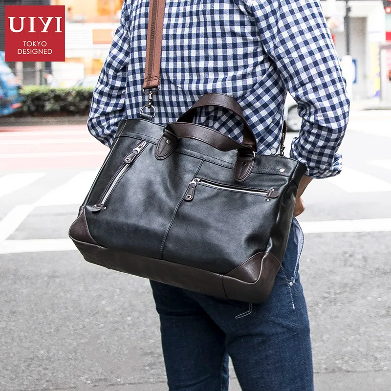 

UIYI Men's handbags PU leather Black Totes Bag Laptop male crossbody bags Removable shoulder strap travel shoulder bag #UYD16019