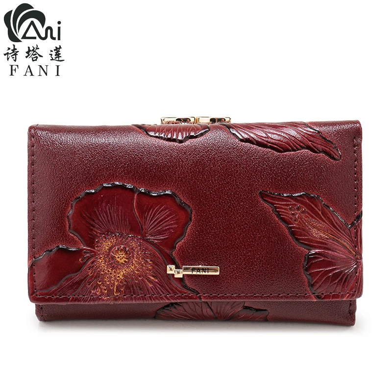 

FANI Brand Women Wallets Fashion Flower Print Genuine Leather Wallets Three Folding Multi-function Hasp Simple Women Purse