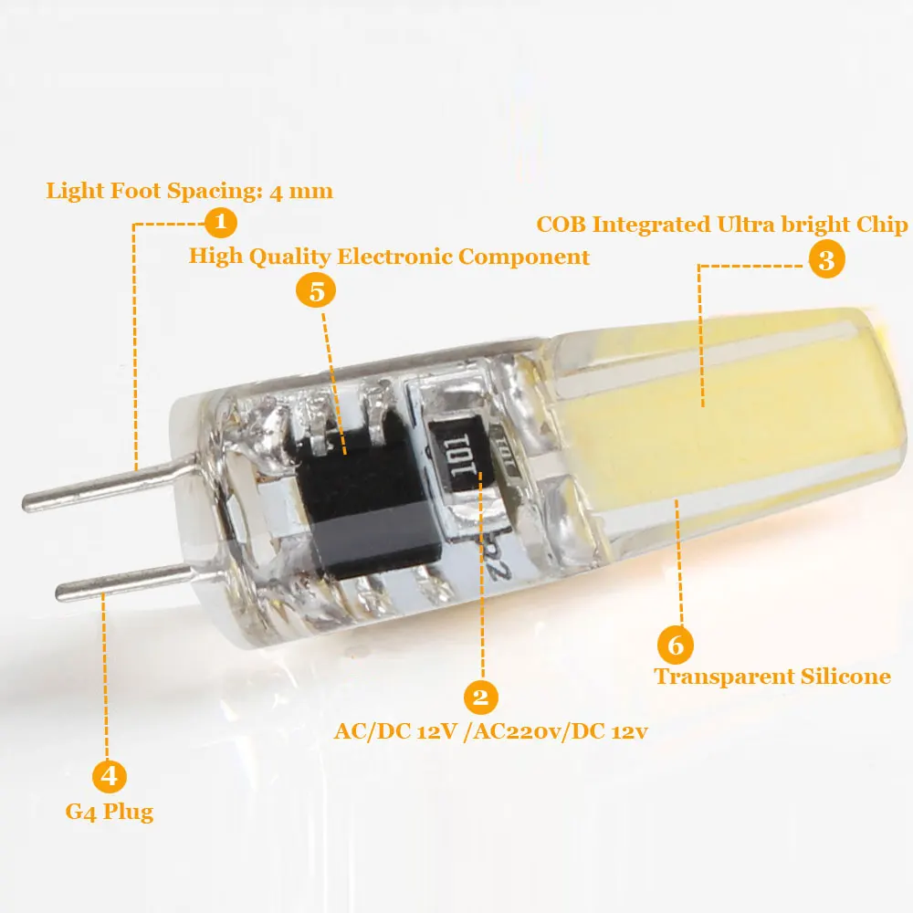 10 шт./лот Светодиодная лампа G4 AC DC 12V 220V 6W COB мини G9 угол луча 360 заменить галогенные