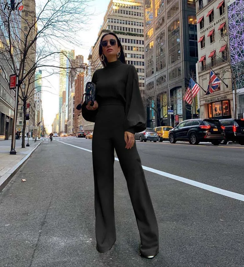 High Street Boot Cut Spring and summer new half-high collar lantern sleeves simple and elegant OL wind jumpsuit fashion temperam