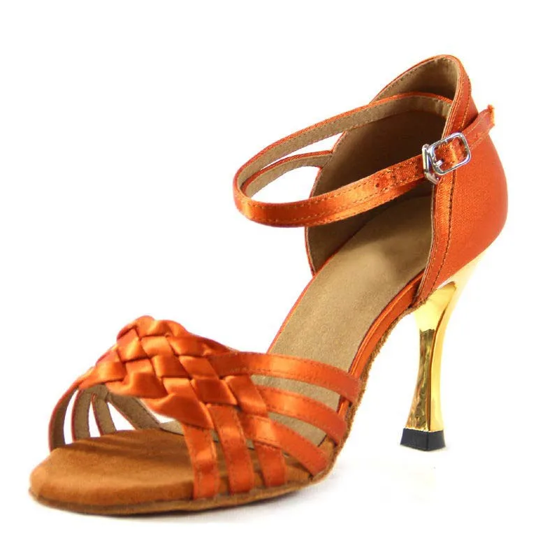 DILEECHI/высококлассные стильные импортные черные атласные туфли для латинских танцев с золотым напылением на каблуке 8,5 см, женские Бальные Танцевальные Туфли для сальсы и самбы - Цвет: Copper heel 85mm
