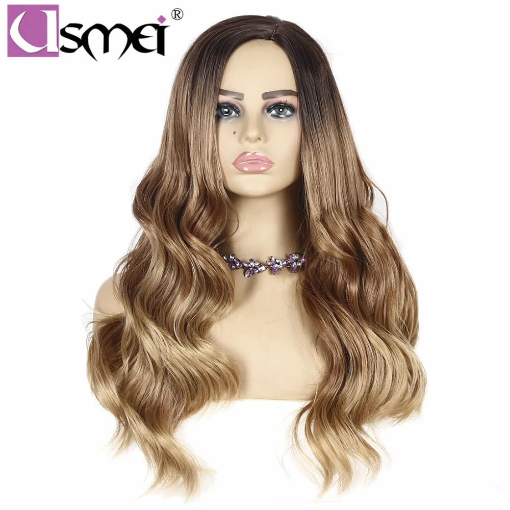 

USMEI 28 inches Long wig Ombre Blonde Resistant High Temperature Fiber Wave Hair Synthetic Wigs cosplay For Women average size