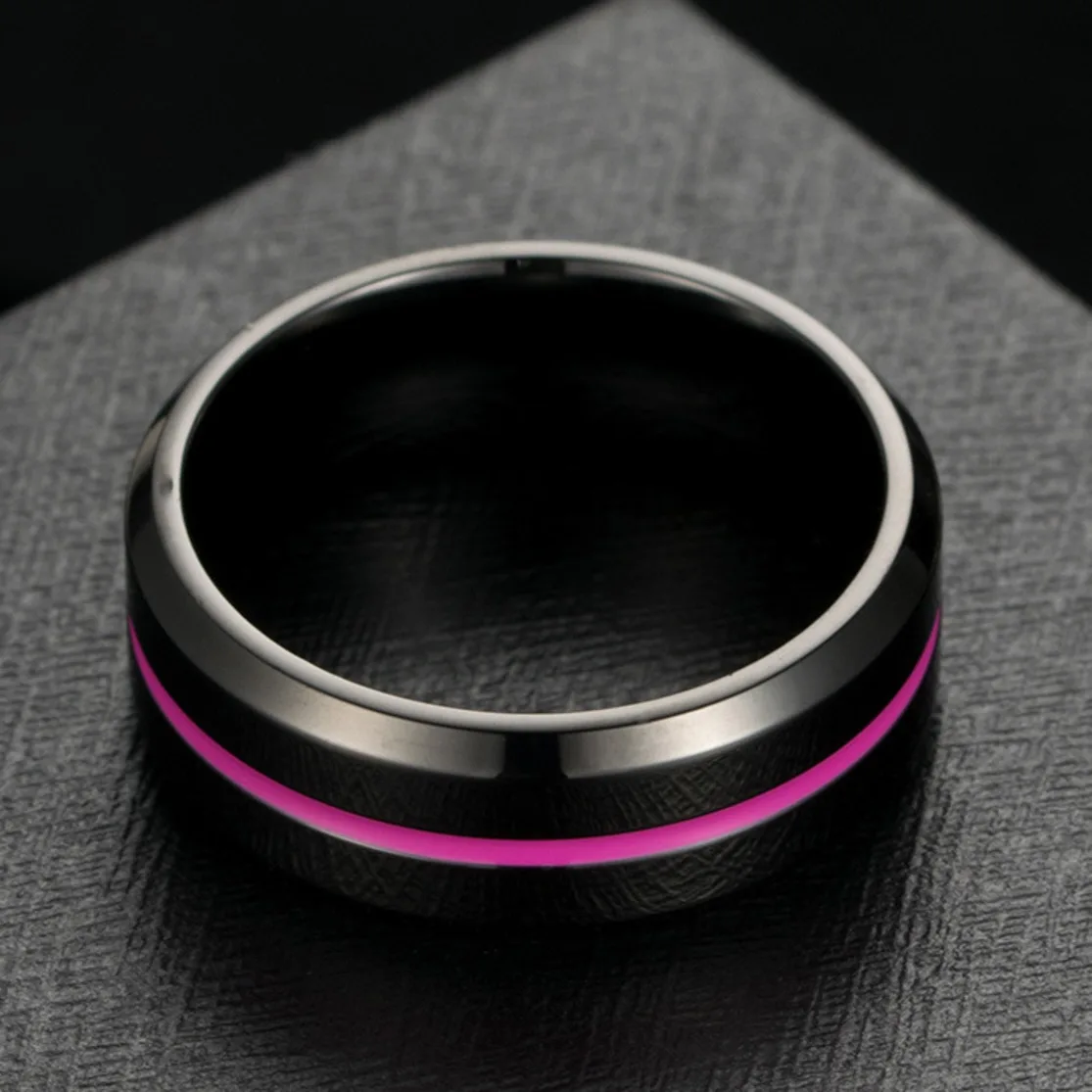 

FntYcm Men's Black Stainless Steel Ring Band Tone For Men Blue Green Purple Grooved On Brushed Center Beveled Edges Male Ring