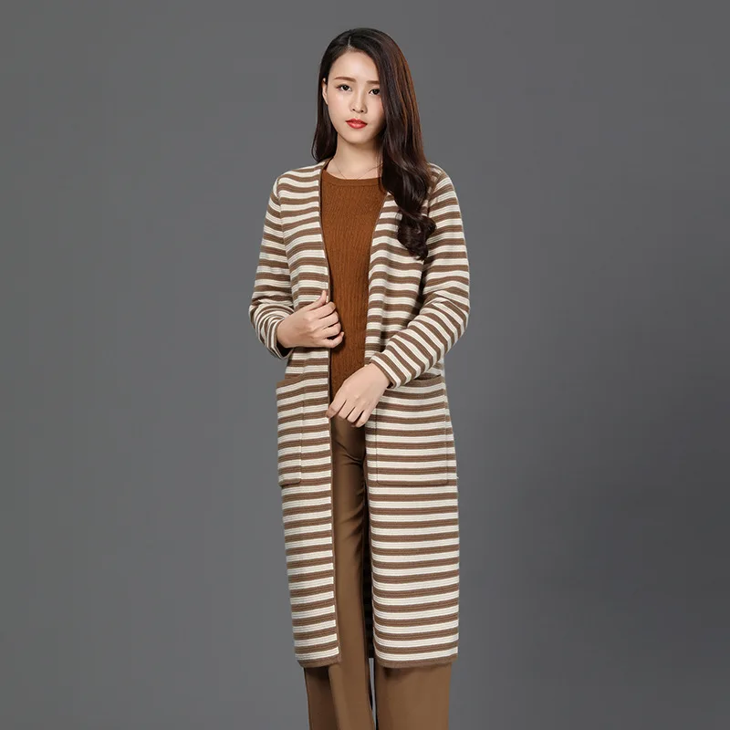 #Special Offers Danjeaner Plus Size Woman Long Stripe Cardigan Fashion Autumn Winter Ladies Long Sleeve Warm Coat with Pocket Casual Loose Tops
