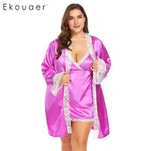 Ekouaer Women Plus Size Two Piece Sleepwear Set Long Sleeve Lace Trim Satin Kimono Robe With Sleeveless Slip Nightgown Sets