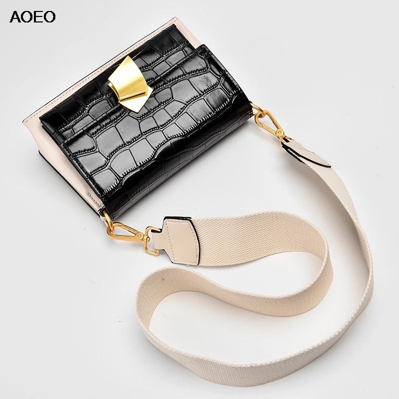 

AOEO New Elegant Shoulder Bag Women Alligator Pattern Split Leather High Quality Bags Geometric Lock Ladies Crossbody Bag Female