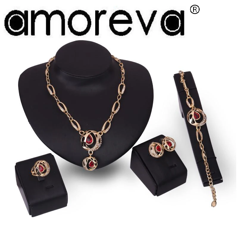 

Red water drop Crystal Jewelry Parure Bridal round carved Pendant Adjustable rings Accessories Costume Jewelery Set For Women
